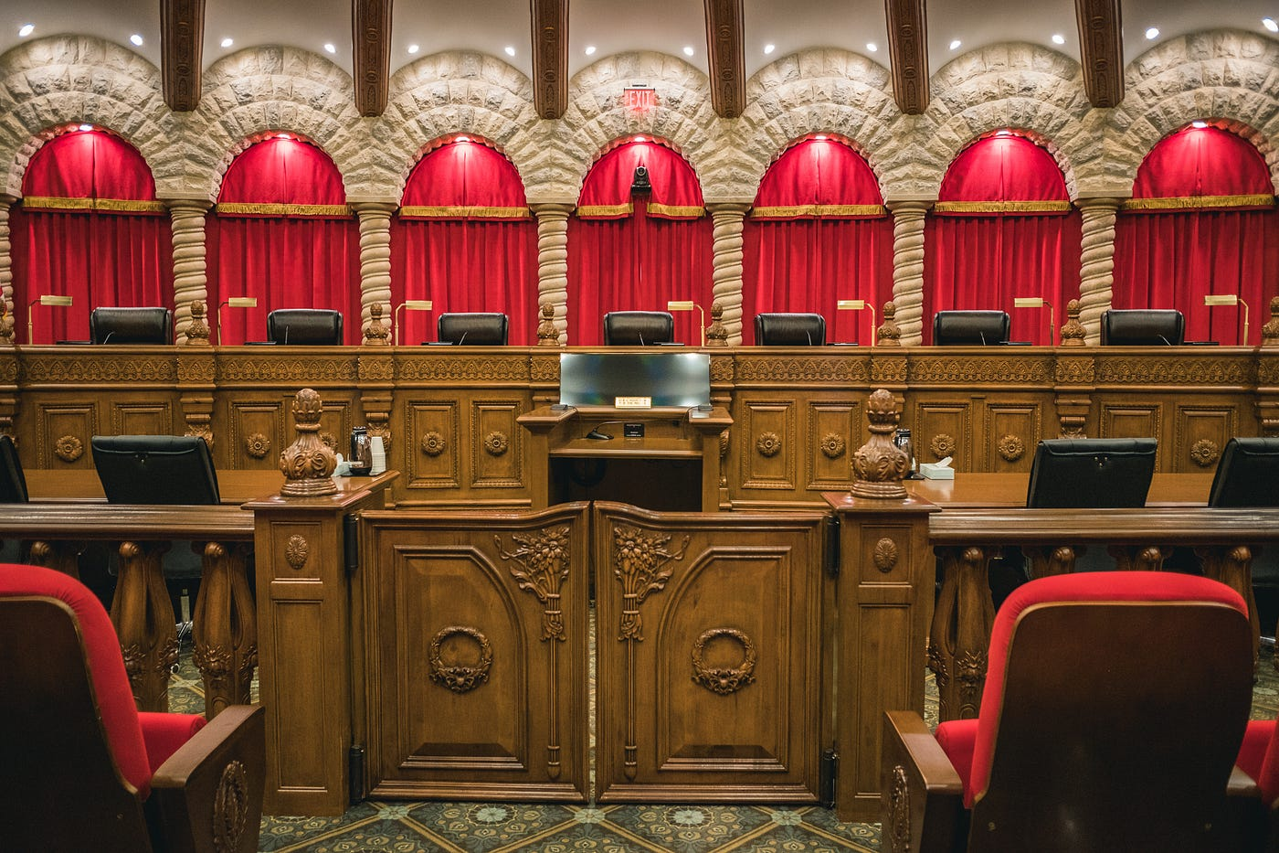 Nevada probate courtroom bench and seating area inside a district court during trust litigation proceedings.