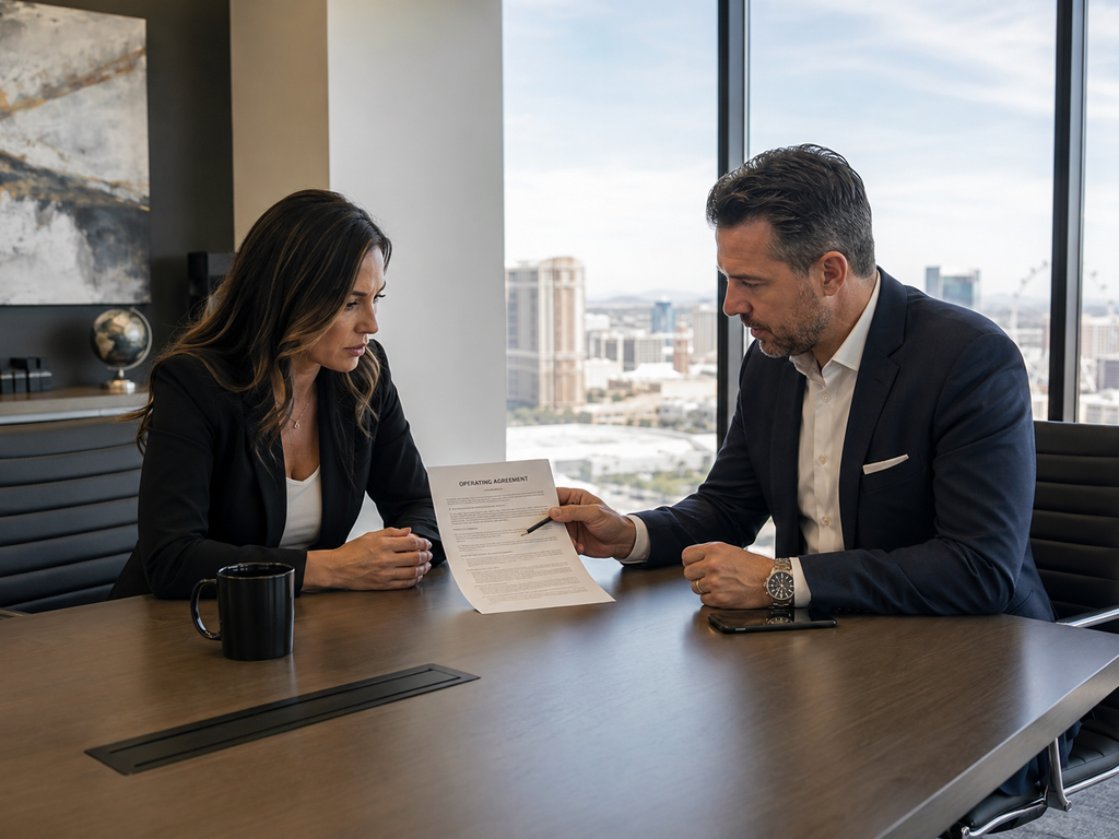 Business partners discussing an LLC operating agreement and member removal options in Nevada.