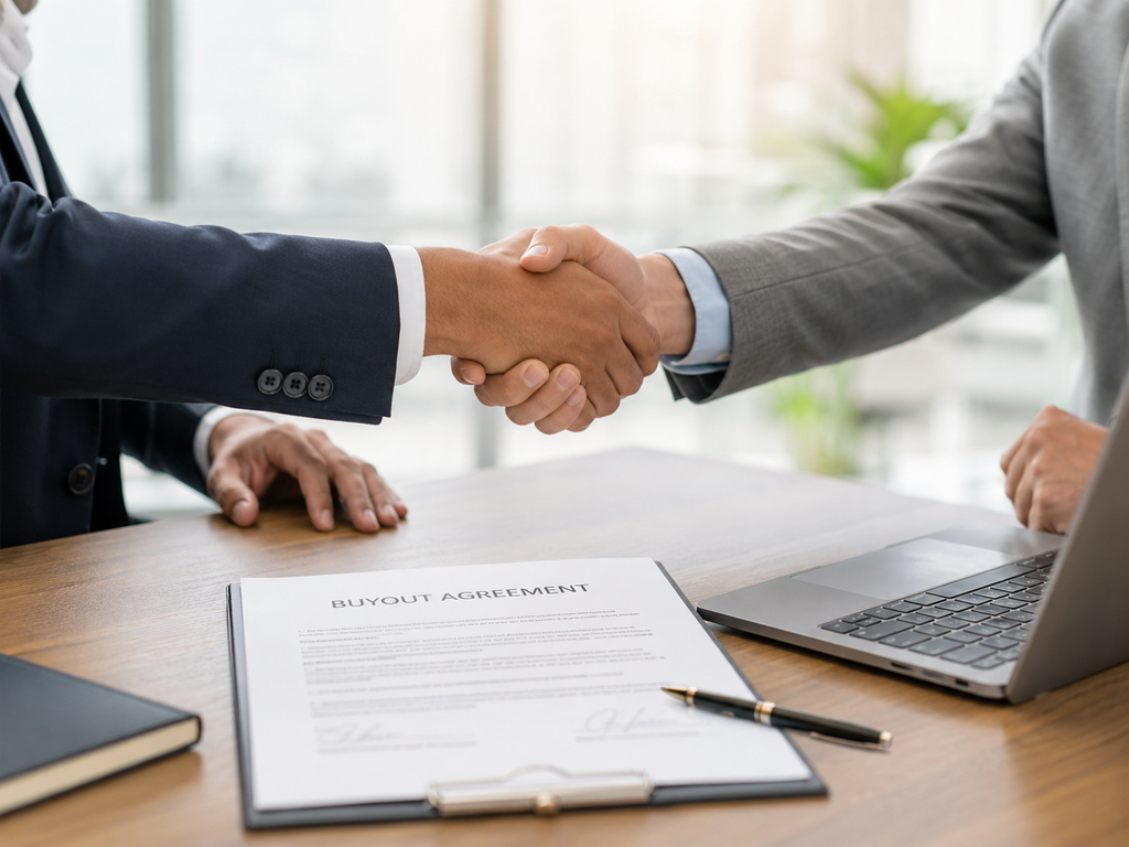 Two business partners shaking hands over a signed LLC buyout agreement and laptop in Nevada.