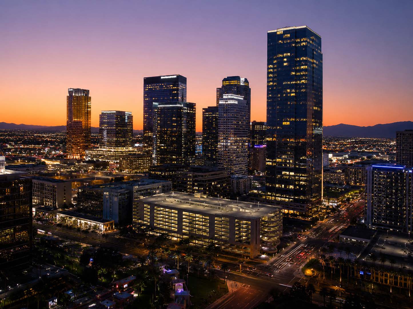 Dusk view of the Las Vegas skyline representing Nevada business law and commercial dispute services.