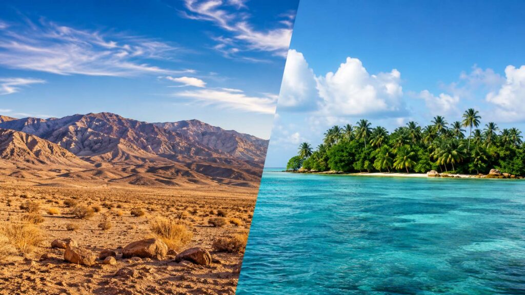 A split-screen image showing a dry Nevada desert mountain landscape on the left and a tropical offshore island beach on the right, representing Nevada asset protection trusts versus offshore trusts.
