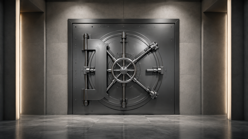 A heavy steel bank vault door inside a modern facility, representing secure Nevada asset protection and wealth preservation.