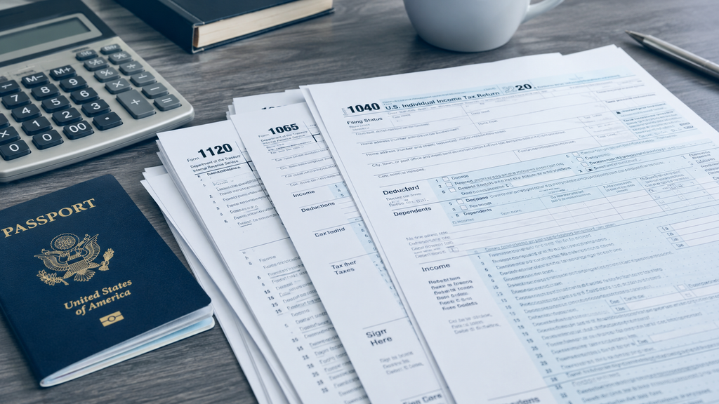 IRS tax form documents 1040 and 1120 spread out next to a US passport, a calculator, and a pen, representing offshore reporting requirements and domestic tax planning for Nevada asset protection trusts.