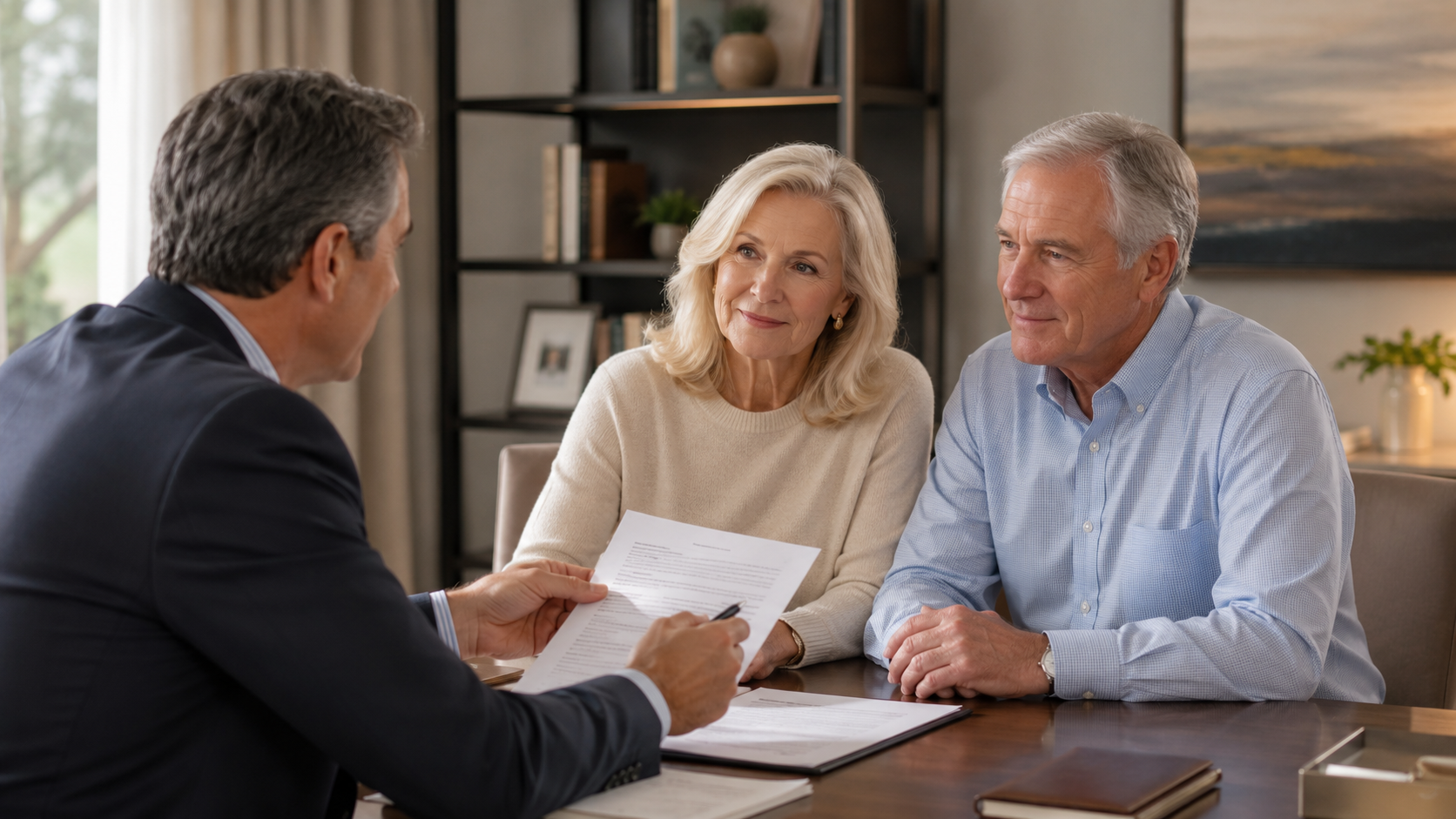 An estate planning attorney meeting with a couple at a desk to discuss Nevada asset protection trusts and offshore trust strategies.