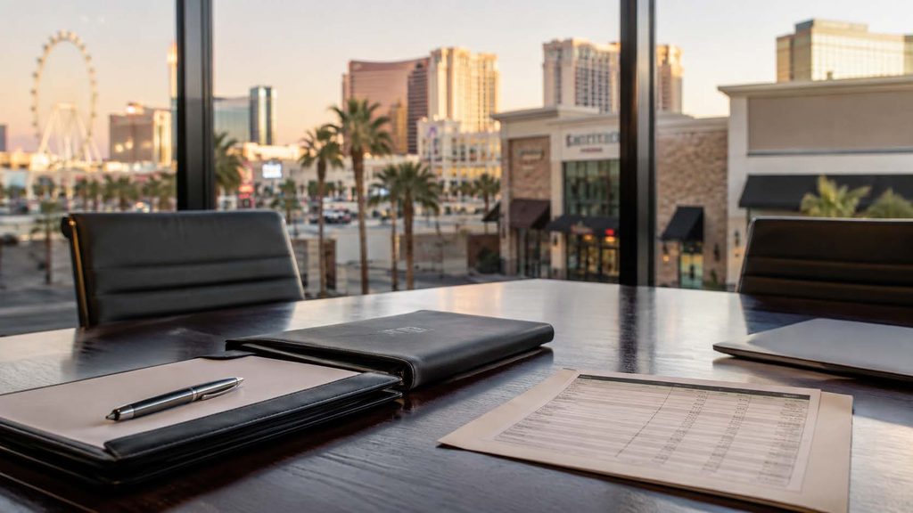 Professional law office desk with lease documents and a pen overlooking the Las Vegas Strip skyline