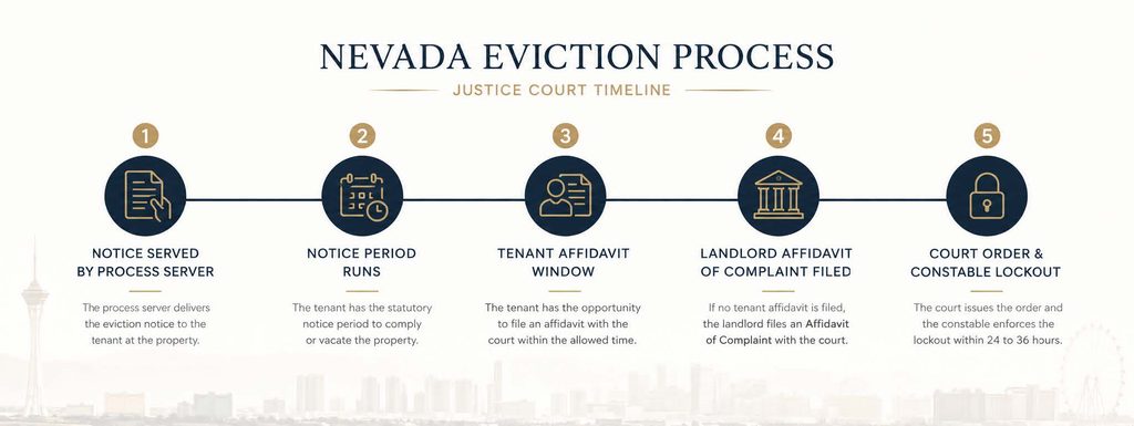 Infographic showing the 5-step Nevada eviction process timeline in Justice Court from notice service to constable lockout
