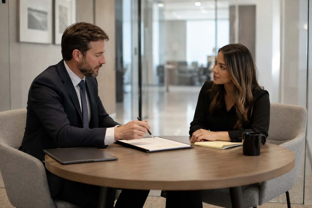 Male attorney and female client discussing Nevada landlord-tenant law documents and lease agreements at a meeting table