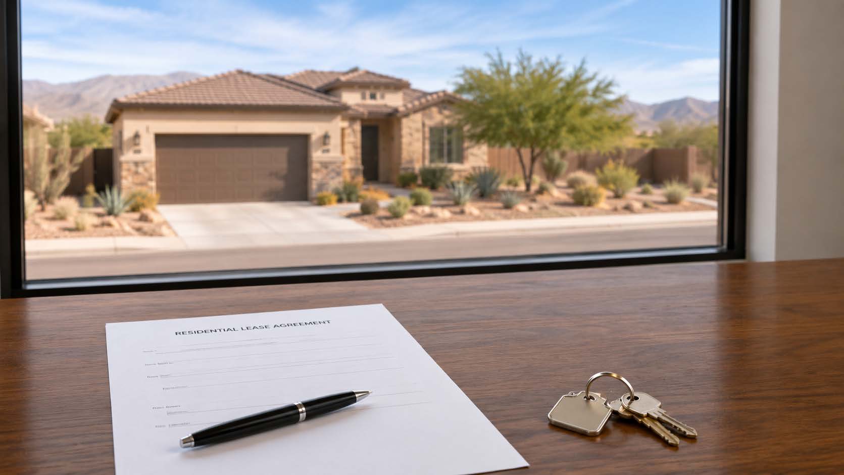 Residential lease agreement and house keys on a desk with a suburban Nevada home in the background