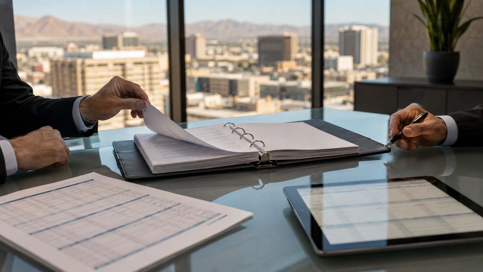 Commercial lease attorney reviewing a landlord&rsquo;s options at a Las Vegas office with the Nevada skyline in the background